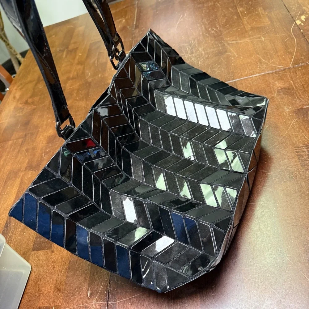 Geometric Tote Bag Women Large Black Glossy Chevron Mosaic Shoulder Bag